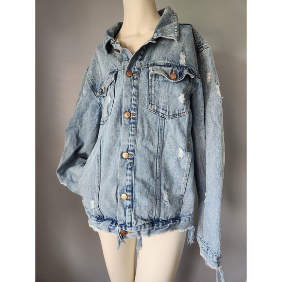 Beau‎ Hudson Men's Medium Light Blue Distressed Button Up Denim Jean Jacket Coat - Picture 12 of 14